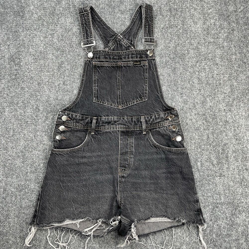 Wrangler Denim Overalls Shortalls Womens XS Relaxed Fit Raw Hem Black